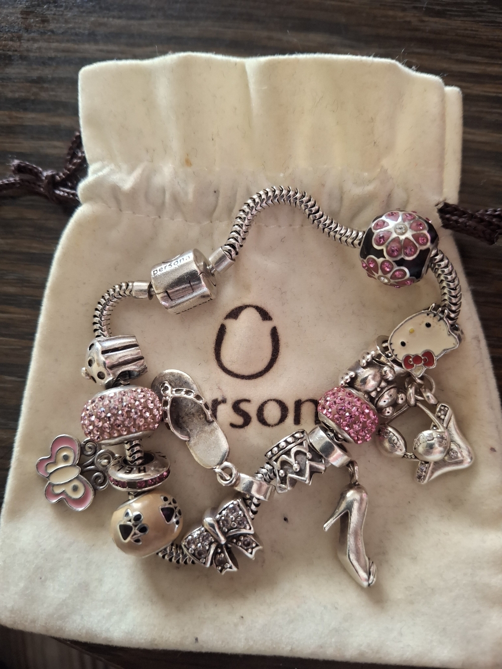 Persona Silver Charm Bracelet with Pink Charms